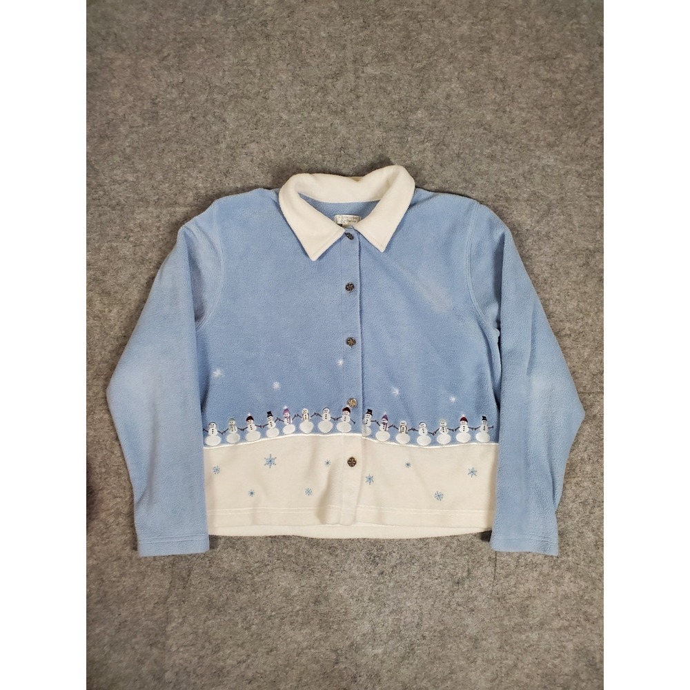 Christopher & Banks Blue Fleece Button Cardigan Winter Snowmen Sz L Christmas